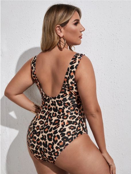 Traje de Baño Tallas Grandes Leopardo con Cordon Delantero 